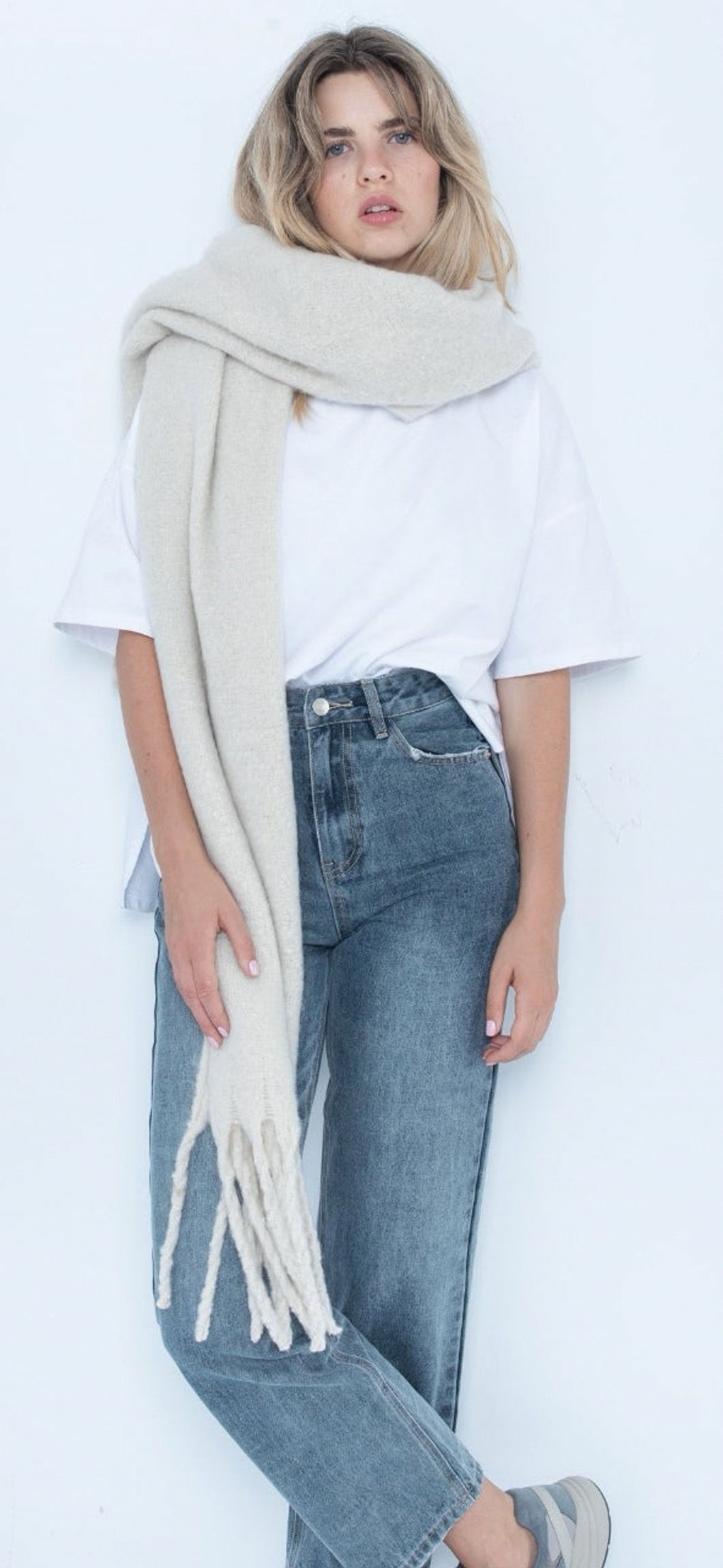 Oversized fringed scarf-Cream by CLP